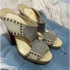 Christian Louboutin Hassaneta Grey/Beige Suede Leather Heels Sandals Red Sz 38.5